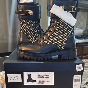 Versace Black and Gold Patterned Combat Boots